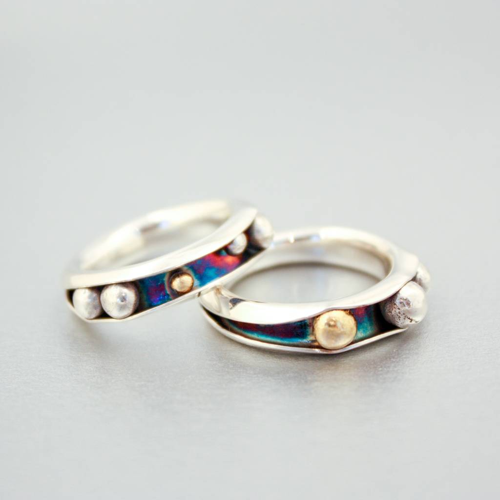 Anticlastic formed ring in sterling silver with keum-boo gold and oxidation.
Sold.